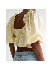 Plaid Square Neck Lacework Cropped Blouses