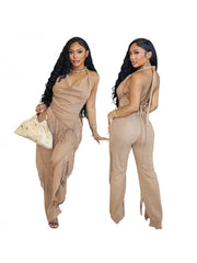 Patchwork Fringe Halter Backless Pant Sets