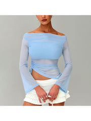 Drawstring See Through Off Shoulder Tops