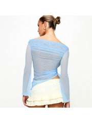 Drawstring See Through Off Shoulder Tops