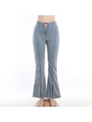 Hollow-out Tie-wrap Split Hem Flare Leg Jeans