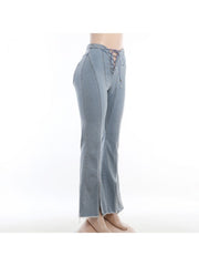 Hollow-out Tie-wrap Split Hem Flare Leg Jeans