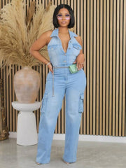 Multi Pocket Denim Halter Backless Jumpsuits