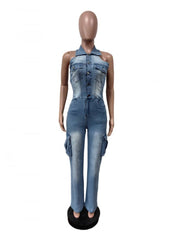 Multi Pocket Denim Halter Backless Jumpsuits