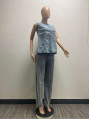 Denim Split Hem Tank Straight Jeans Sets