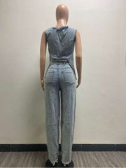 Denim Split Hem Tank Straight Jeans Sets