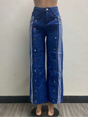 Colorblock Striped Trim Denim Split Hem Jeans