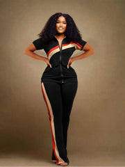 Colorblock Zipper Coats Bodycon Pant Sets