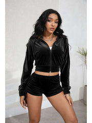 Velour Cropped Zipper Hooded Ruched Short Sets