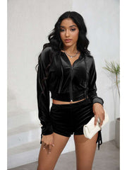 Velour Cropped Zipper Hooded Ruched Short Sets