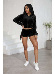 Velour Cropped Zipper Hooded Ruched Short Sets