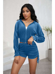 Velour Cropped Zipper Hooded Ruched Short Sets