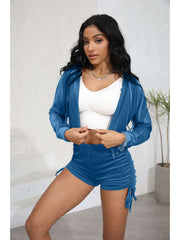 Velour Cropped Zipper Hooded Ruched Short Sets