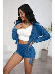 Velour Cropped Zipper Hooded Ruched Short Sets