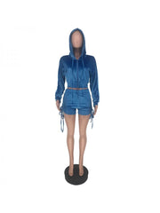 Velour Cropped Zipper Hooded Ruched Short Sets