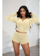 Velour Cropped Zipper Hooded Ruched Short Sets