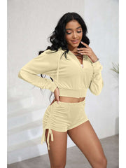 Velour Cropped Zipper Hooded Ruched Short Sets