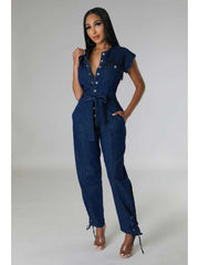 Eyelets Denim Lace Up Sleeveless Jumpsuits