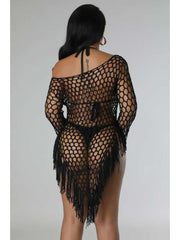 Mesh Fringe Weave Off Shoulder Cover Ups