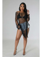 Mesh Fringe Weave Off Shoulder Cover Ups