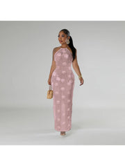 3D Flower Split Hem Backless Maxi Dress