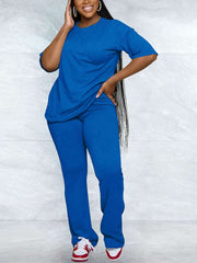 Pure Color Short Sleeve Flare Leg Pant Sets