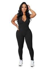 Rib Slim Plain Zipper Sleeveless Jumpsuits