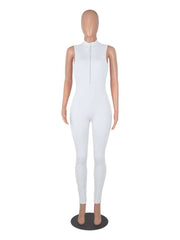 Rib Slim Plain Zipper Sleeveless Jumpsuits