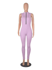 Rib Slim Plain Zipper Sleeveless Jumpsuits