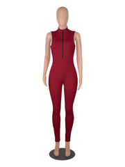 Rib Slim Plain Zipper Sleeveless Jumpsuits