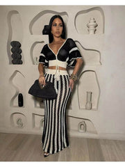 Hollow-out Striped V Neck Skirt Sets