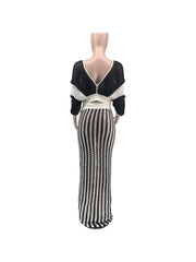 Hollow-out Striped V Neck Skirt Sets