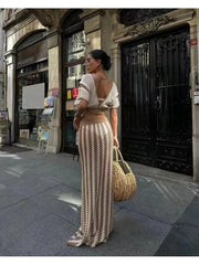 Hollow-out Striped V Neck Skirt Sets