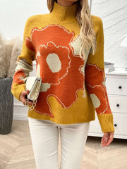 Color Matching Floral Polo Neck Sweater