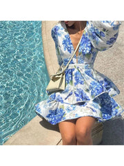 Printed V Neck Lantern Sleeve Tiered Dress