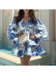 Printed V Neck Lantern Sleeve Tiered Dress