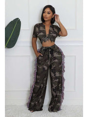 Camouflage Lace-Up Cropped Fringe Pant Sets