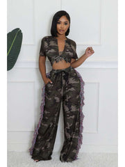 Camouflage Lace-Up Cropped Fringe Pant Sets