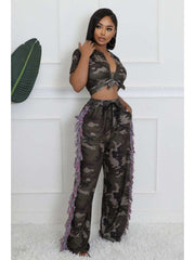 Camouflage Lace-Up Cropped Fringe Pant Sets