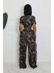 Camouflage Lace-Up Cropped Fringe Pant Sets