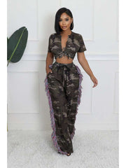 Camouflage Lace-Up Cropped Fringe Pant Sets