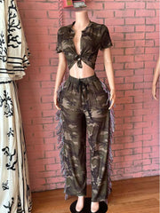 Camouflage Lace-Up Cropped Fringe Pant Sets