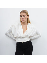 Plain Ruched Deep V Neck Wrap Tops