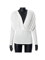 Plain Ruched Deep V Neck Wrap Tops