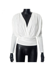 Plain Ruched Deep V Neck Wrap Tops