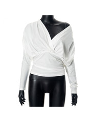 Plain Ruched Deep V Neck Wrap Tops