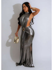 Metallic Hollow-out Ribbons Sleeveless Maxi Dress