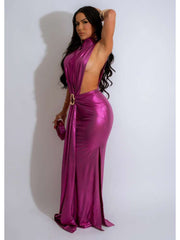 Metallic Hollow-out Ribbons Sleeveless Maxi Dress