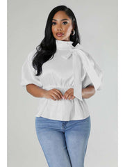 Plain Tie-wrap Ruched Puff Sleeve Blouses