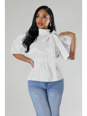 Plain Tie-wrap Ruched Puff Sleeve Blouses